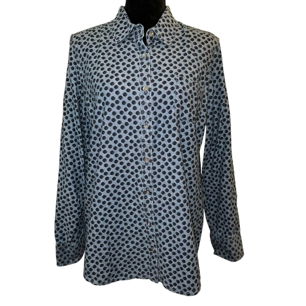 Kim Rogers Blue Chambray with Black Dots Button Front Long Sleeve Top XL